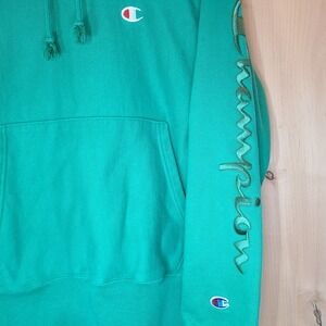 Champion Reverse Weave Hoodie Sweatshirt Green Script‎ Logo Menswear